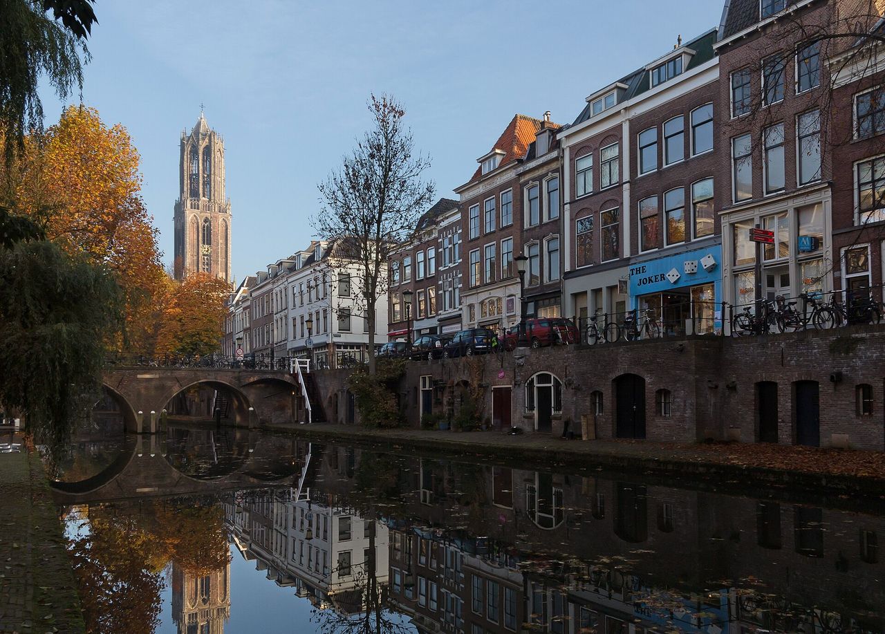 The Dom Tower seen from the Oudegracht canal in Utrecht